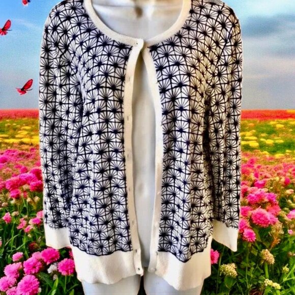 Halogen Cotton Cardigan Sweater Button Down Black + White Pattern 3/4 sleeves - Picture 2 of 8
